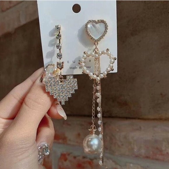 Mismatch Dangle Stud Earrings Hearts Pearl Beads and Pave NEW! 1247K2 - Picture 3 of 7